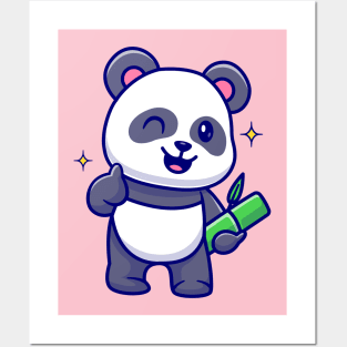 Cute Panda Holding Bamboo With Thumb Up Cartoon Posters and Art